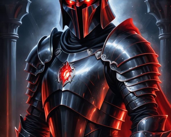 Knight in Black Armor with Glowing Red Eyes