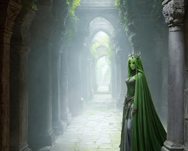 Regal Figure in Ancient Stone Corridor Surrounded by Nature