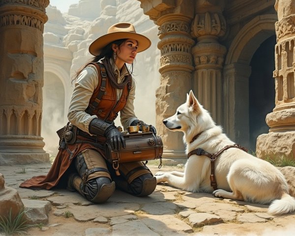 Woman and Dog Explore Ancient Ruins with Artifact