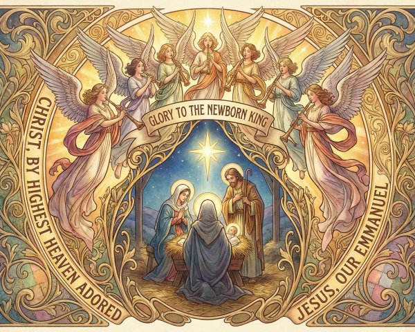 Neo-Byzantine Stained Glass Nativity Scene Description