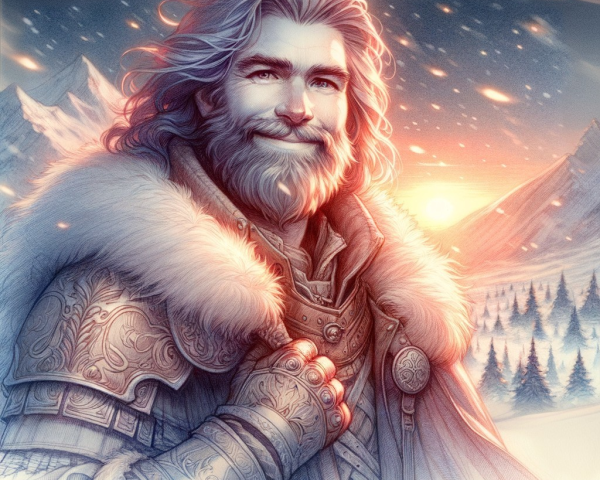 Regal Figure in Snowy Landscape with Majestic Mountains