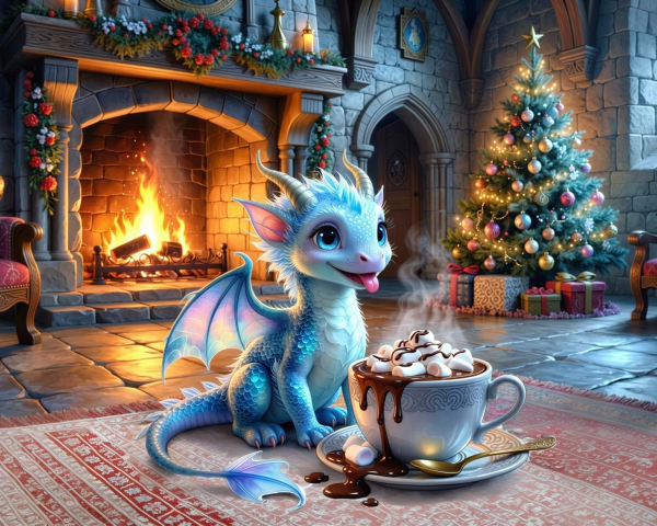 Fluffy Blue Baby Dragon by Cozy Fireplace with Hot Chocolate