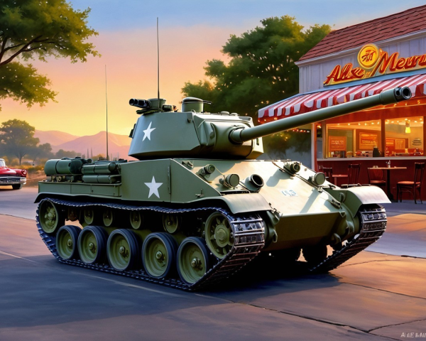 Military Tank and Retro Diner at Sunset Scene