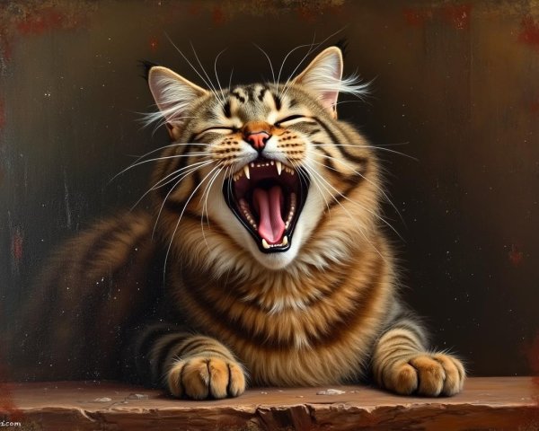 Majestic tabby cat yawning on a ledge with stripes