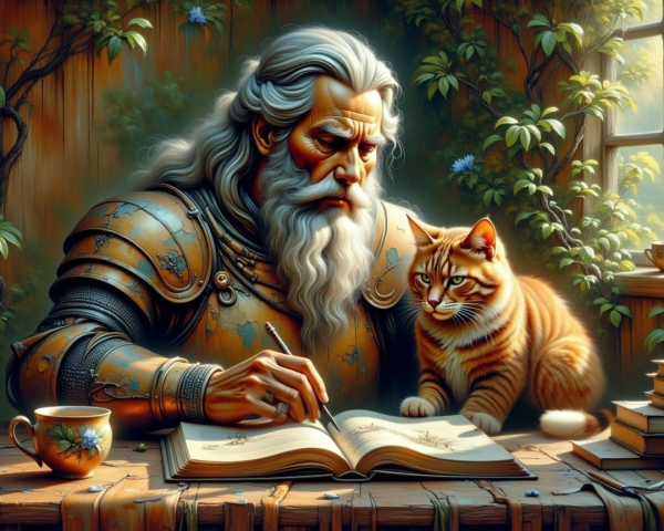 Wise Knight Writing at a Table with a Cat