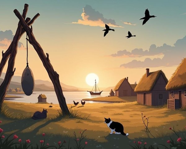 Serene Sunrise Landscape with Village and River