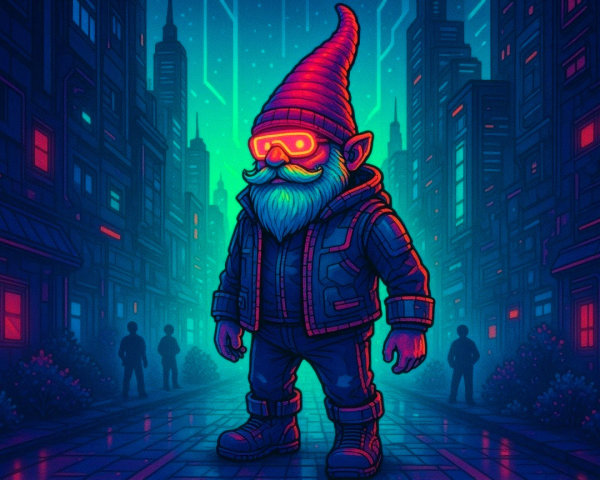 Futuristic gnome in neon-lit cityscape setting
