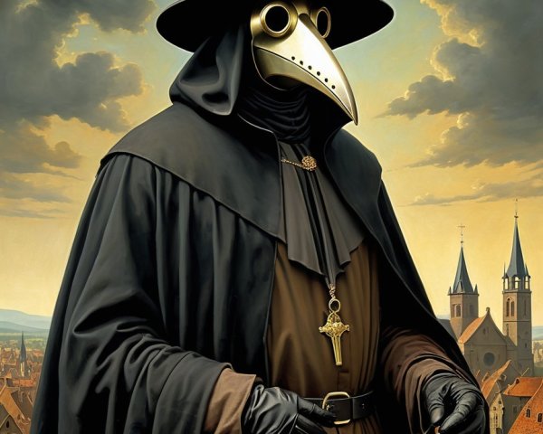 Mysterious Figure in Plague Doctor Mask and Cloak