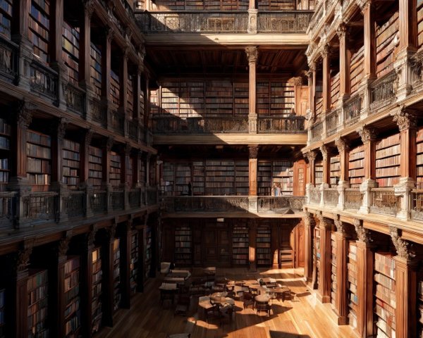 Ornate library with towering shelves and sunlight streaming
