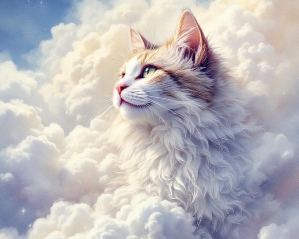 Majestic Cat Surrounded by Clouds and Stars