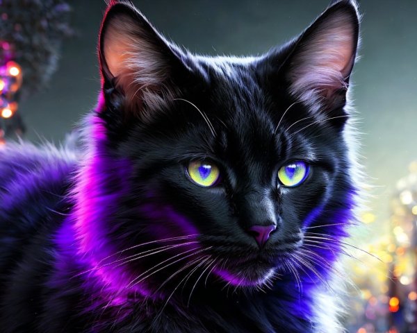 Black Cat with Fluffy Coat and Bright Eyes in Dreamy Scene