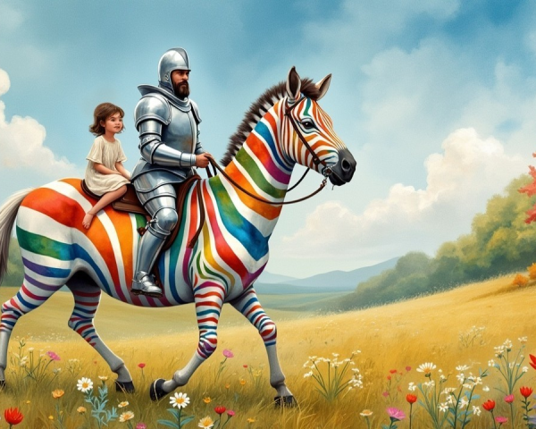 Knight on Zebra in Colorful Meadow Scene