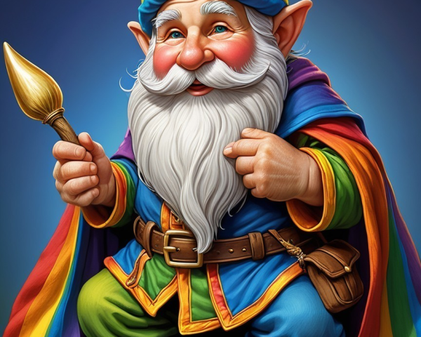 Cheerful gnome on tree stump with colorful attire
