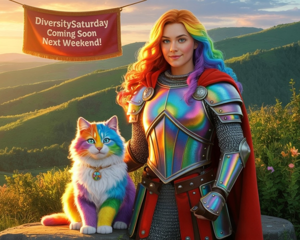 Knight in Rainbow Armor with Colorful Cat at Sunset