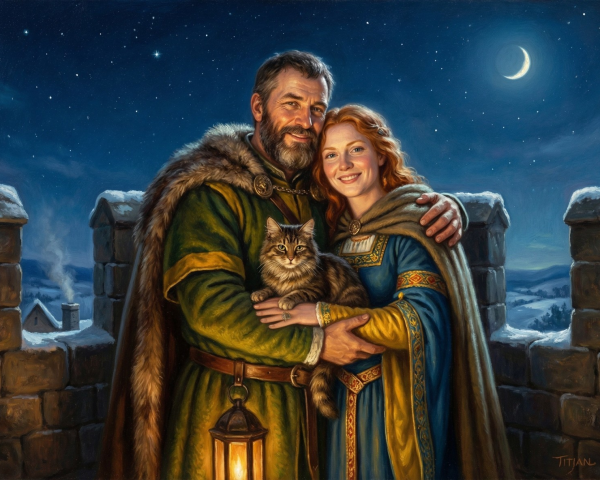 Medieval Scene with Man, Woman, and Tabby Cat at Night