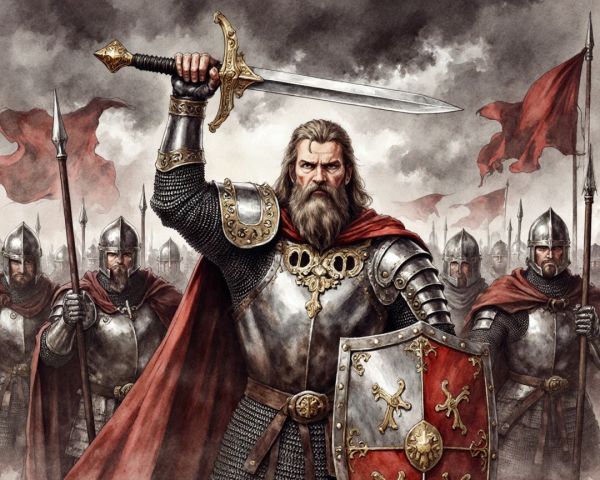 Heroic Warrior with Sword and Armored Soldiers