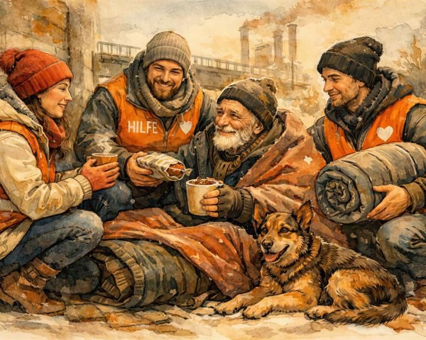 Watercolor Painting of Young People Helping Unhoused Man