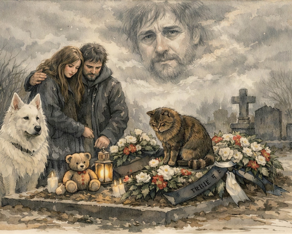 Watercolor Painting of a Mourning Couple at Cemetery