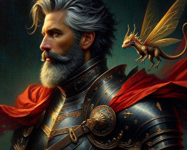 Noble knight in ornate armor with a small dragon