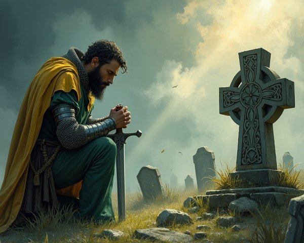 Knight in Graveyard with Celtic Cross and Mist