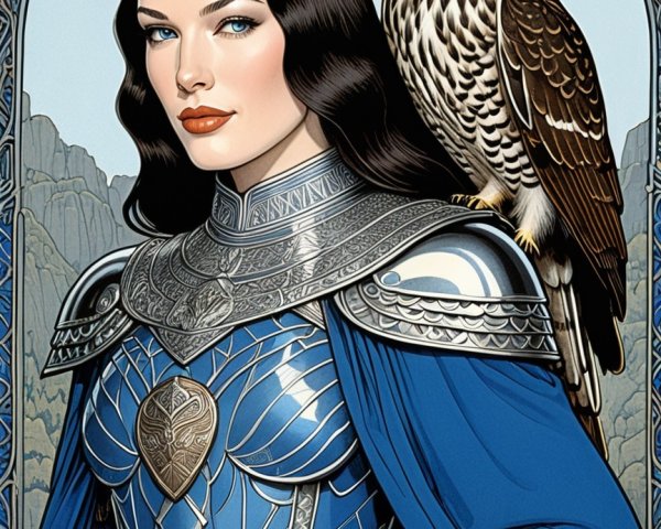 Regal Woman in Blue Armor with Mystical Landscape