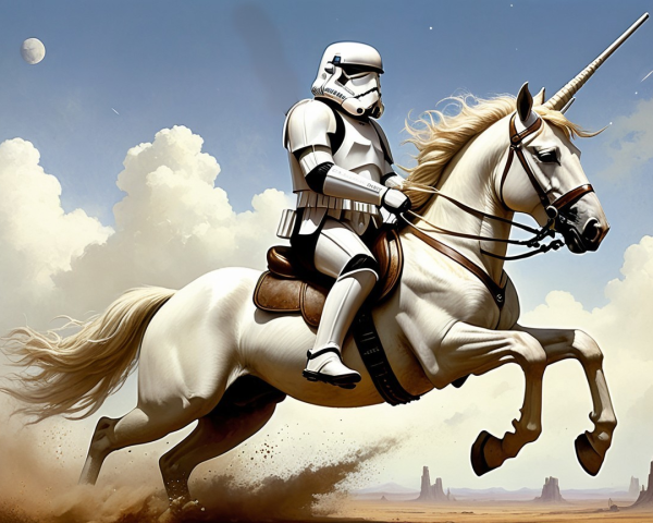 Stormtrooper on Unicorn in Desert Fantasy Scene