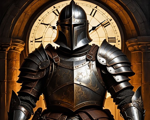 Knight in Shimmering Armor with Grand Clock Background