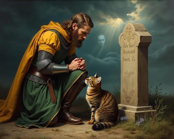 Medieval Knight and Tiger Cub in Ethereal Landscape
