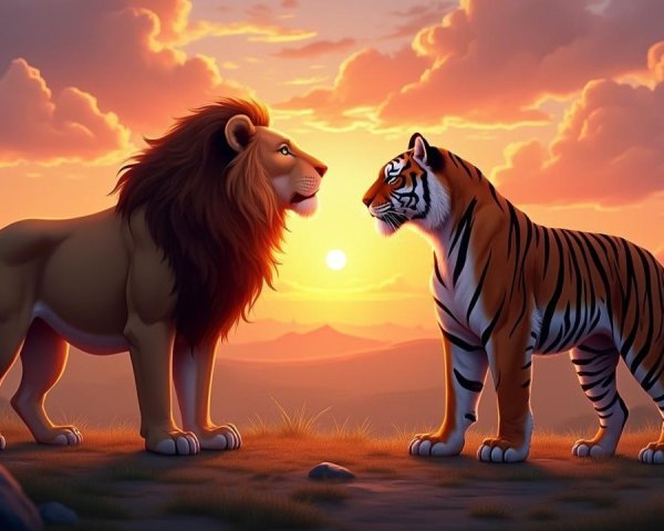 Lion and Tiger in Vibrant Sunset Landscape