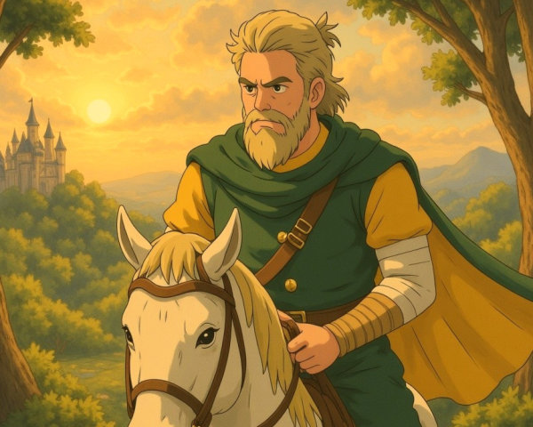 Rugged Warrior on White Horse in Vibrant Forest