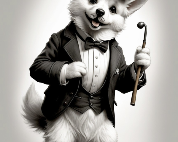 Elegant White Dog in Tuxedo with Cane and Top Hat
