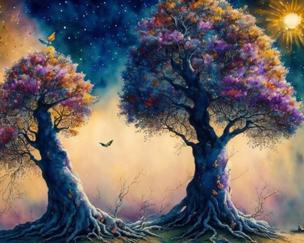 Majestic Trees Under Starry Sky with Vibrant Foliage