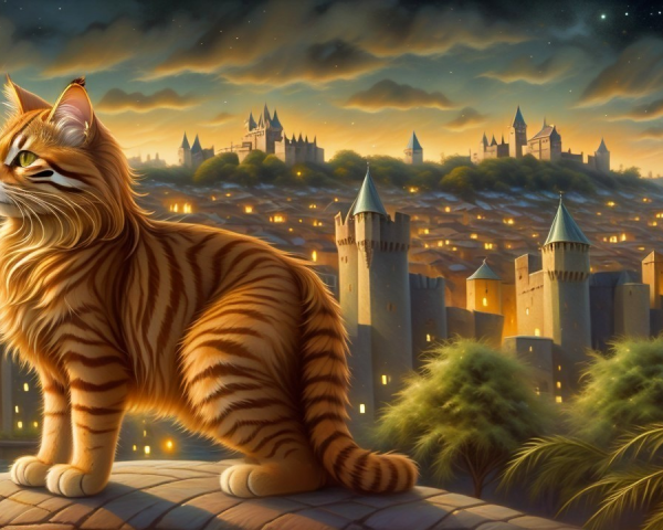 Majestic Cat Overlooks City at Dusk with Castles