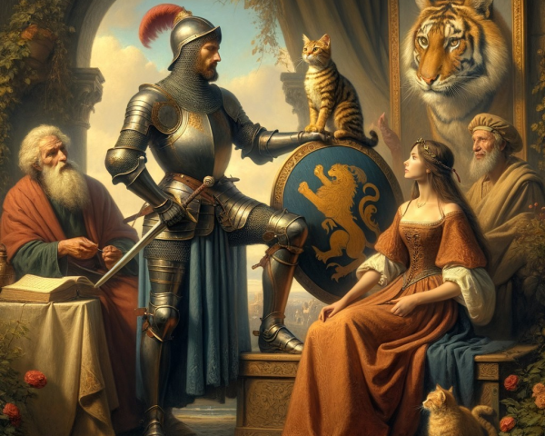 Knight with Cat and Tiger Portrait in Historical Setting