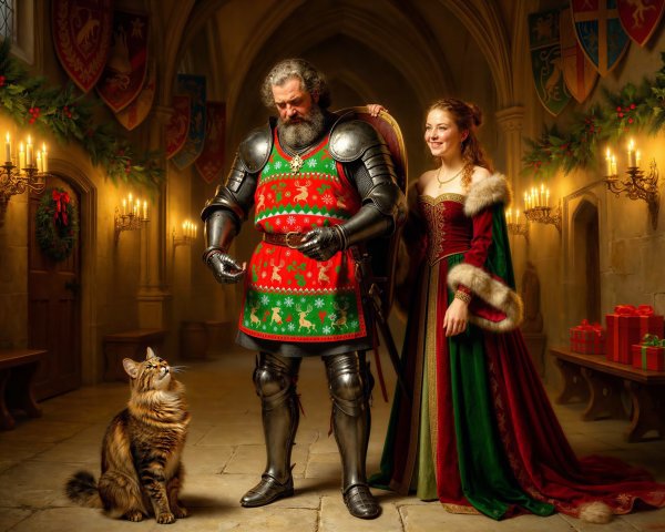 Medieval Knight and Woman in Christmas Decorated Castle