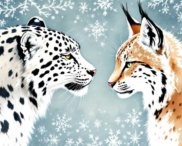 Snow Leopard and Lynx Illustration in Winter Scene