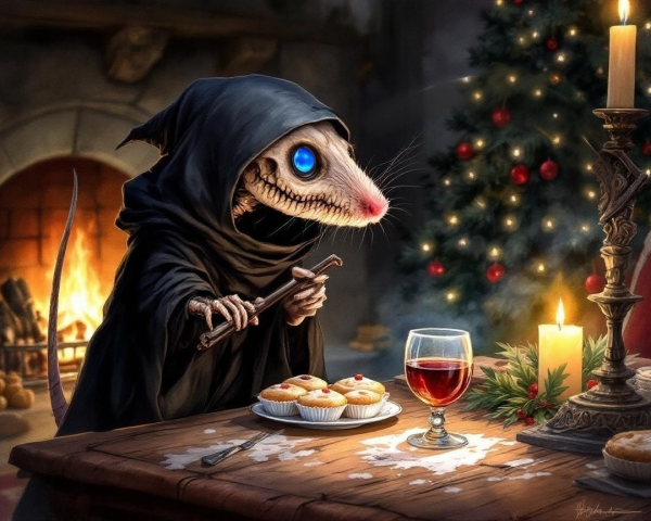 Skeletal Creature at Christmas Table in Digital Art