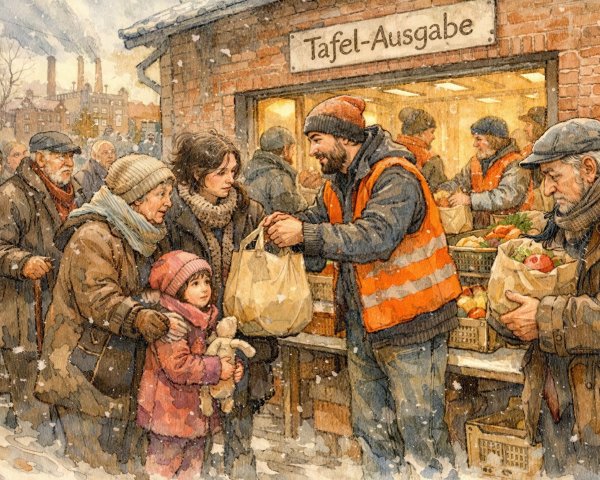 Watercolor Painting of Food Bank Distribution Scene