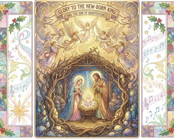 Ornate Watercolor Nativity Scene in Triptych Format