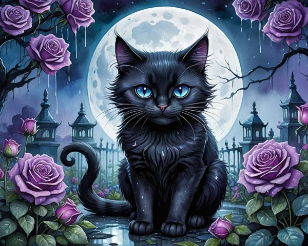 Mystical black cat with blue eyes and purple roses