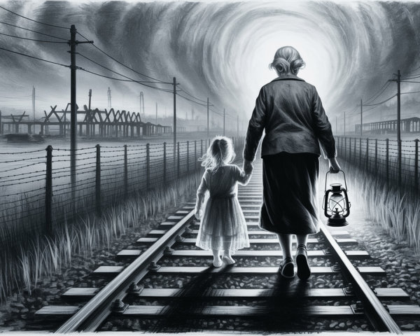 Elderly Woman and Young Girl on Railway Track