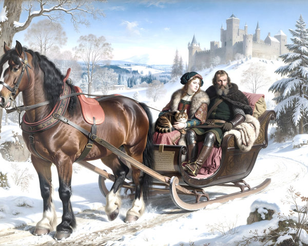 Realistic Oil Painting of Horse and Sleigh in Snow