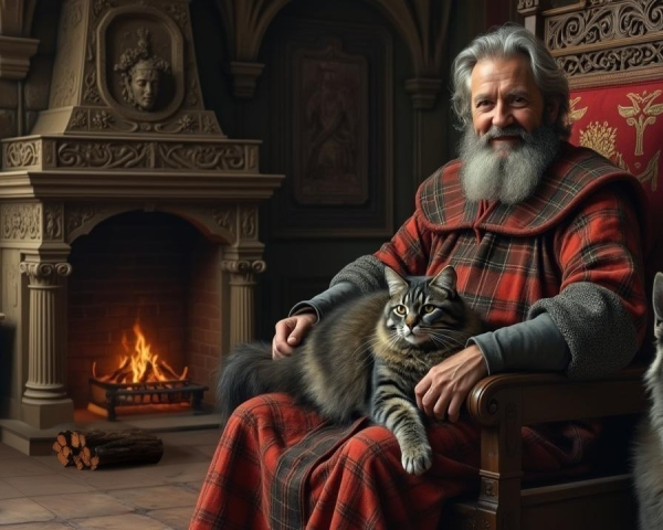 Elderly man in plaid cloak with pets by fireplace