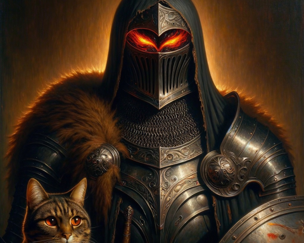 Knight in Armor with Tabby Cat Companion