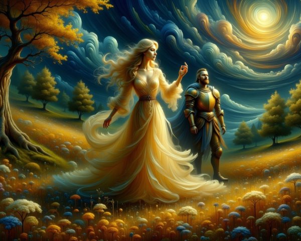 Dreamlike Landscape with Woman and Warrior in Armor