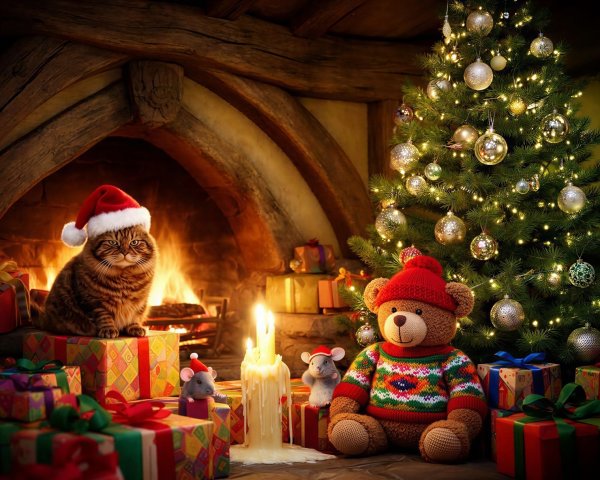 Fluffy Tabby Cat in Santa Hat by Christmas Gifts