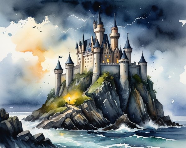 Castle on Cliff with Waves and Dramatic Sky