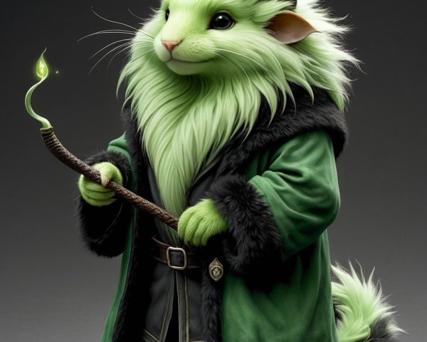 Cute Green Furry Creature in Wizard Costume Description
