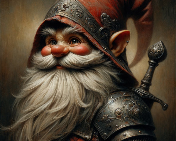 Whimsical Gnome in Armor with Red Hat and Sword