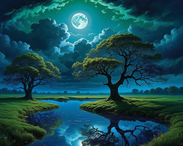 Serene Landscape with Silhouette Trees and River